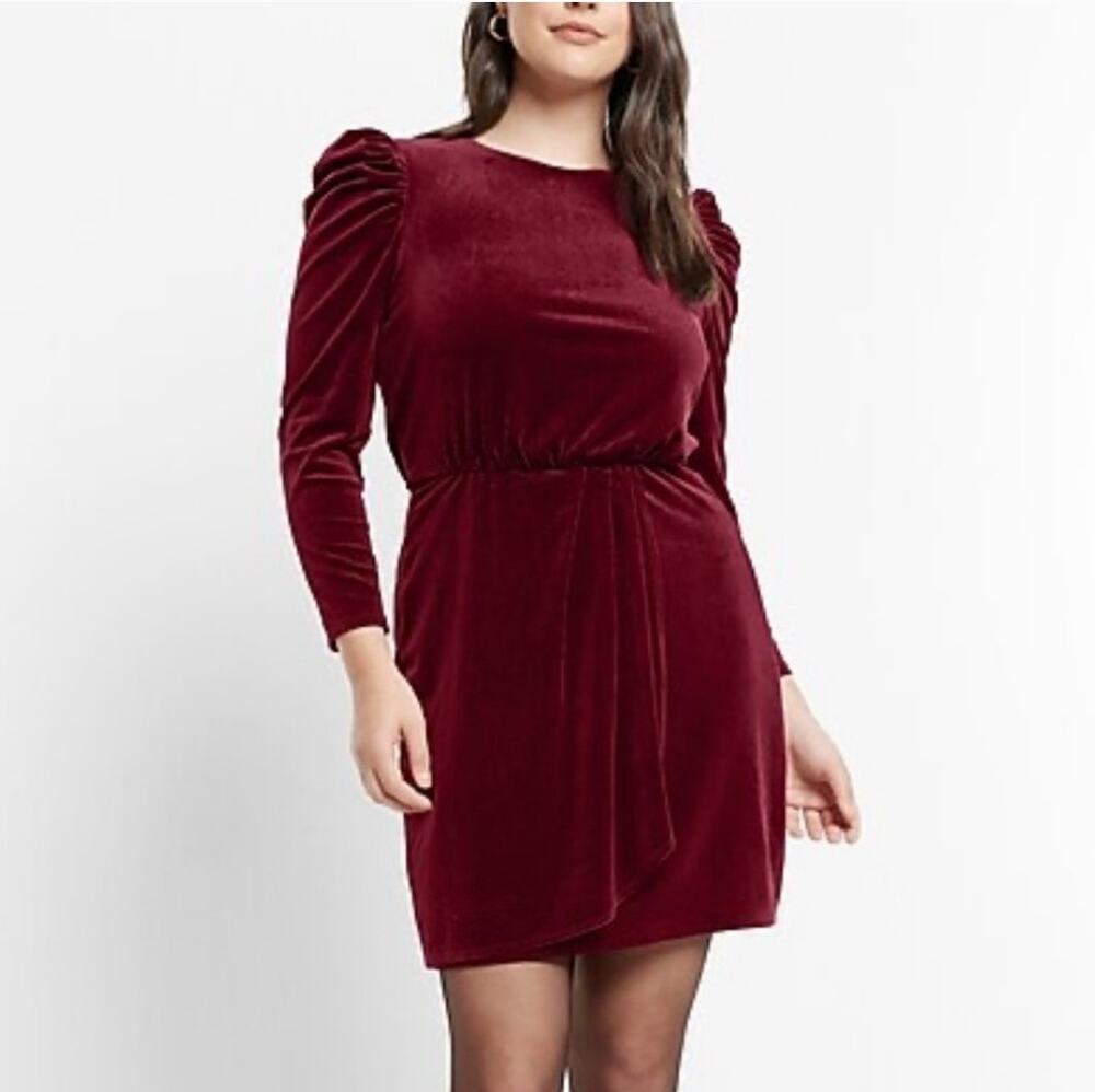 Express Women's Velvet Puff Sleeve Wrap Skirt Mini Sheath Dress Burgundy Size XL